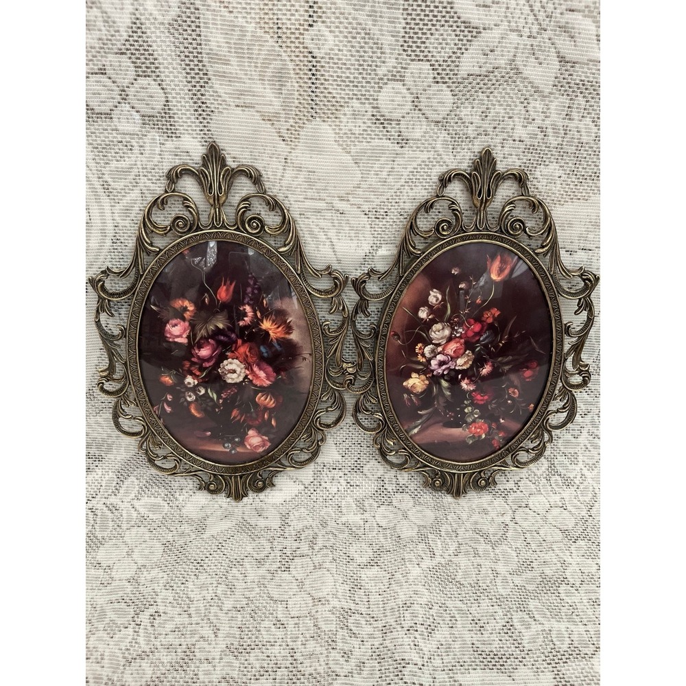 Brass Frame Lot Made in Italy Ornate Oval Set 2 Convex Glass Floral Vintage 12"